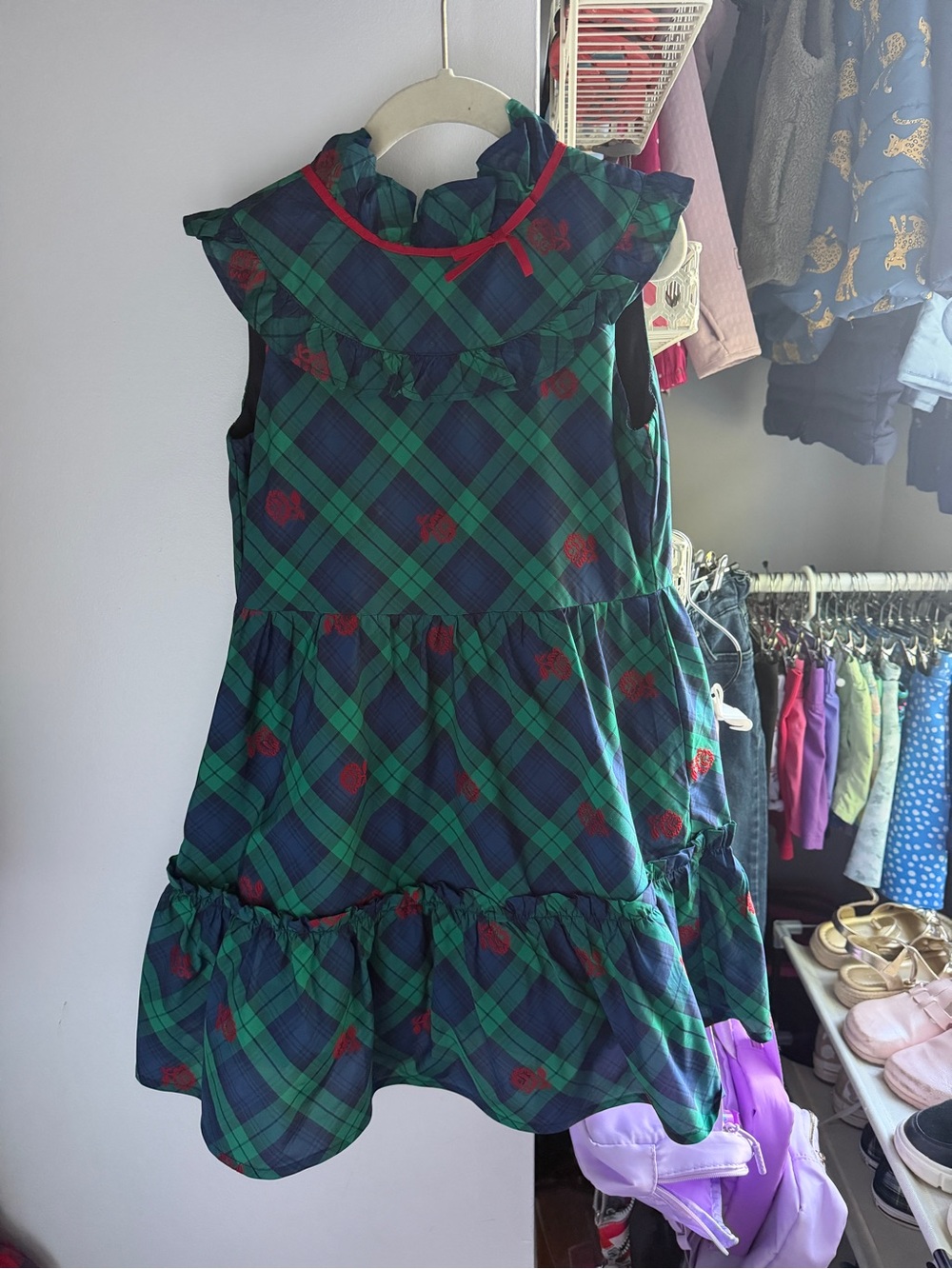 JANIE AND JACK Green & Navy Plaid Ruffle Dress with Red Accents